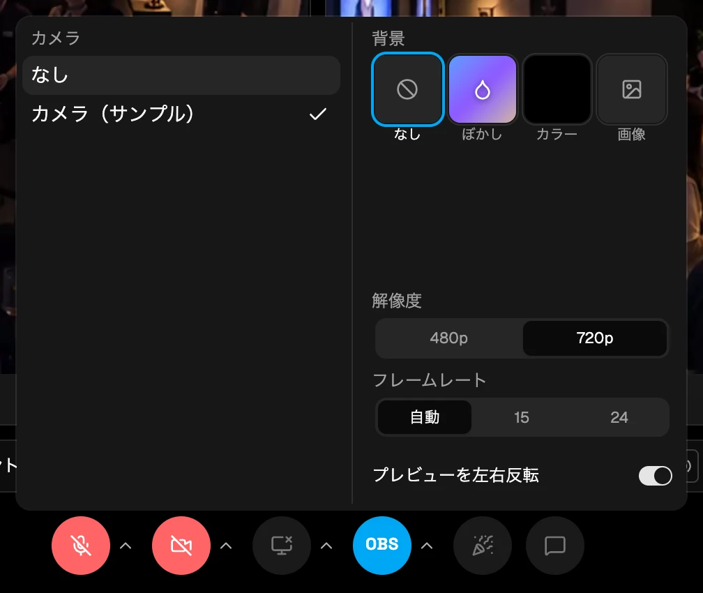 カメラの設定。カメラ、背景、解像度、フレームレート、プレビューを左右反転が並ぶ